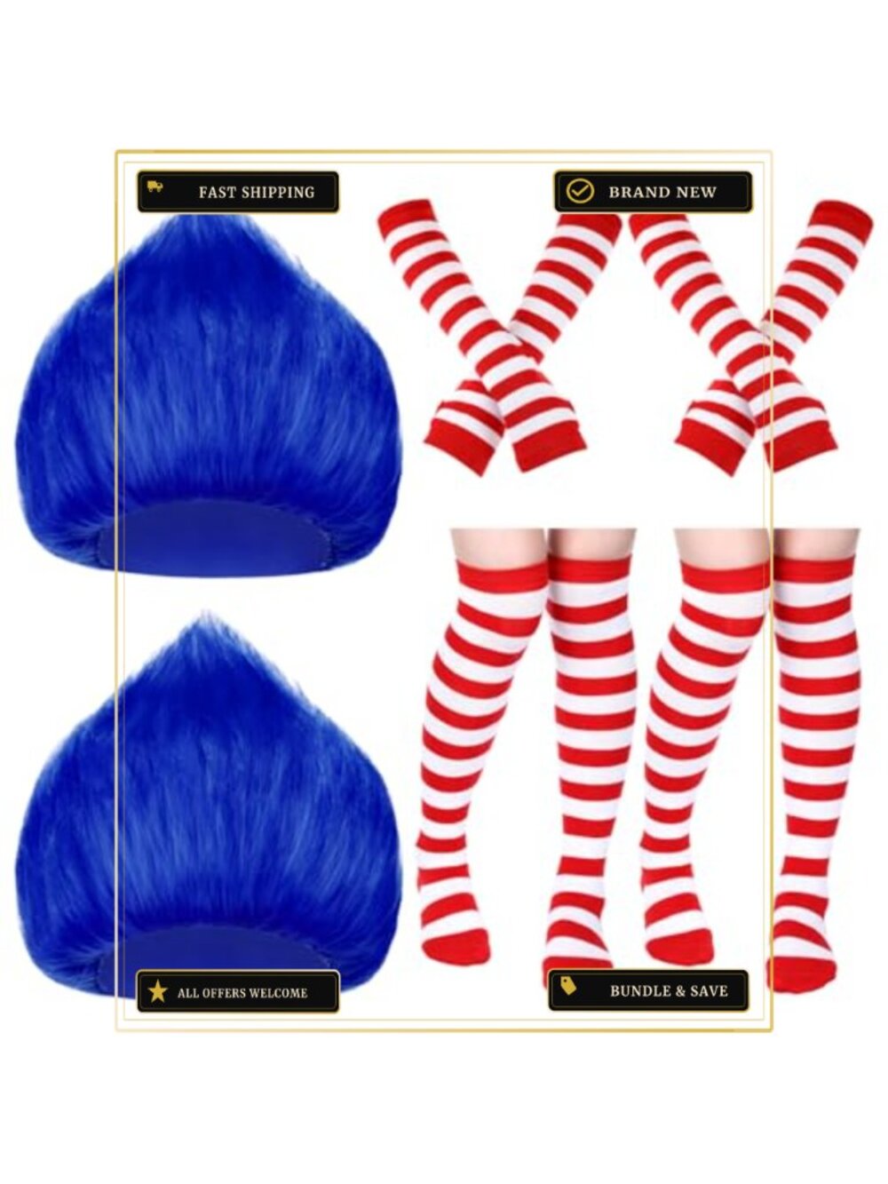 Thing Costume Set Blue Wig Striped Gloves Leg Socks Cosplay Halloween Party